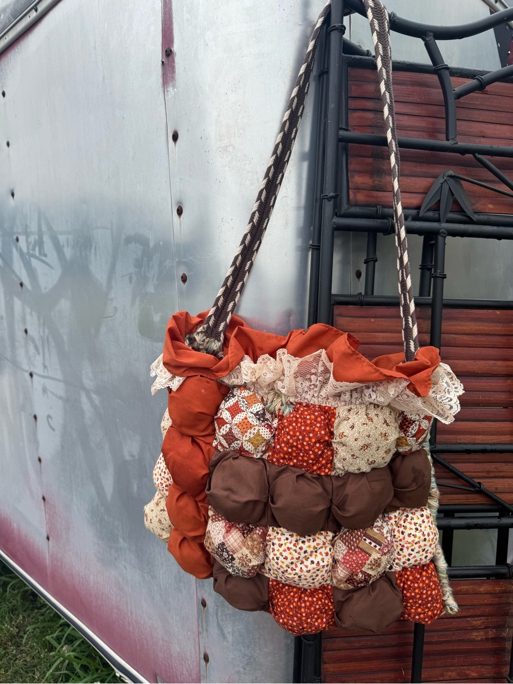 Handcrafted Quilted Shoulder Bag in Rust and Brown